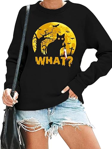 Miniatura 2 de Sudadera de Halloween con diseño de gato negro para mujer, camiseta divertida con diseño de gato y terror, suéteres de manga larga con cuello redondo