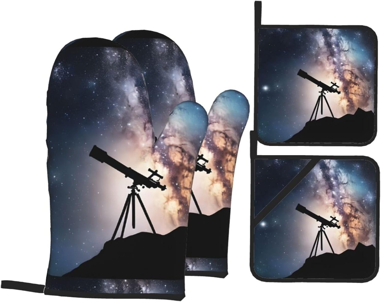 (Space Galaxy with Telescope) Baking 4-Piece Set: 2 Oven Mitts and 2 Pot Holders Heat Resistant Waterproof Hanging Loop for Kitchen Oven Grill Housewarming Gifts