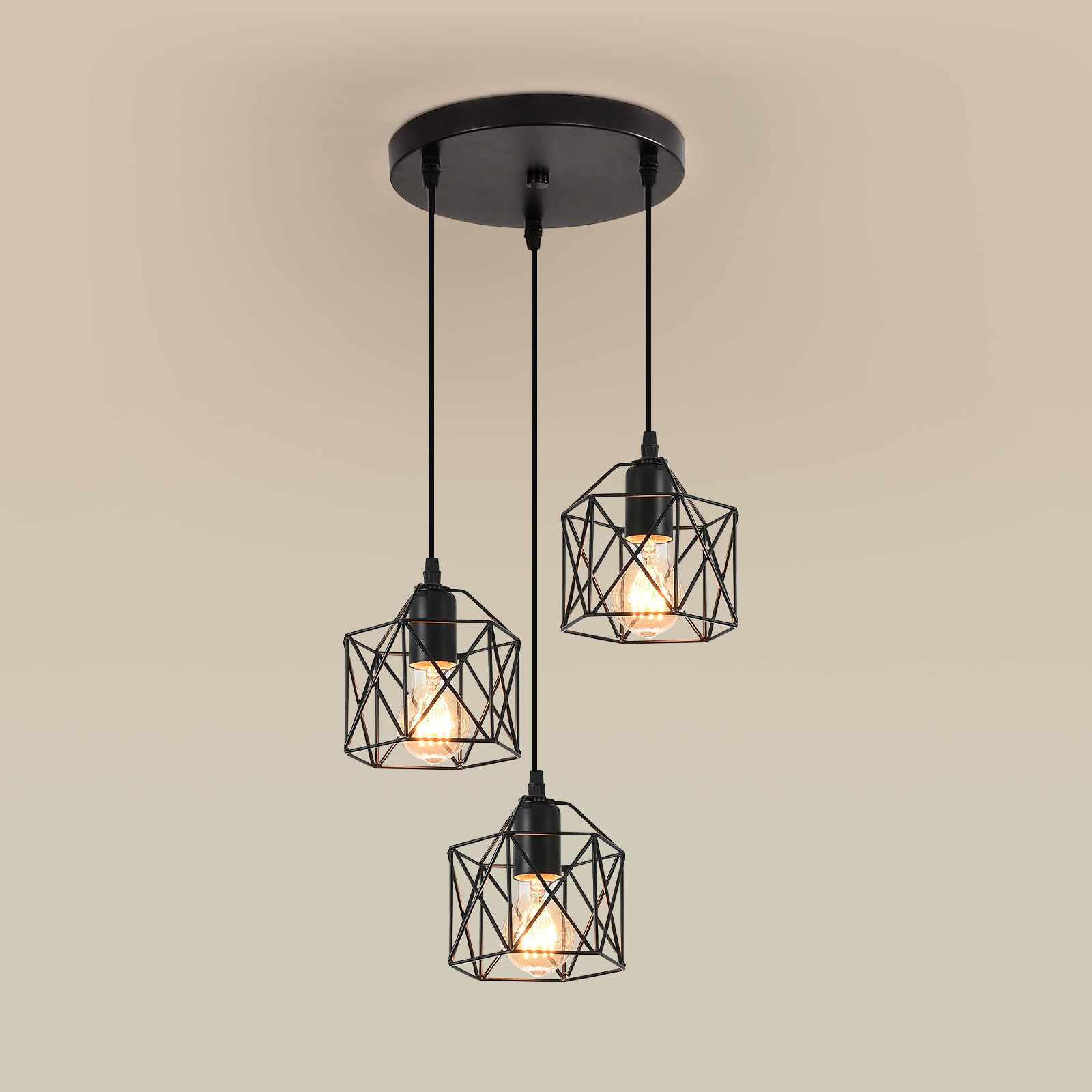 3 Luci Lampadario a Sospensione Industriale E27 Nero Geometrico a Semi-Incasso Apparecchio di Illuminazione a Soffitto per Cucina, Sala da Pranzo, Corridoio, Porta (Lampadina Non Inclusa)