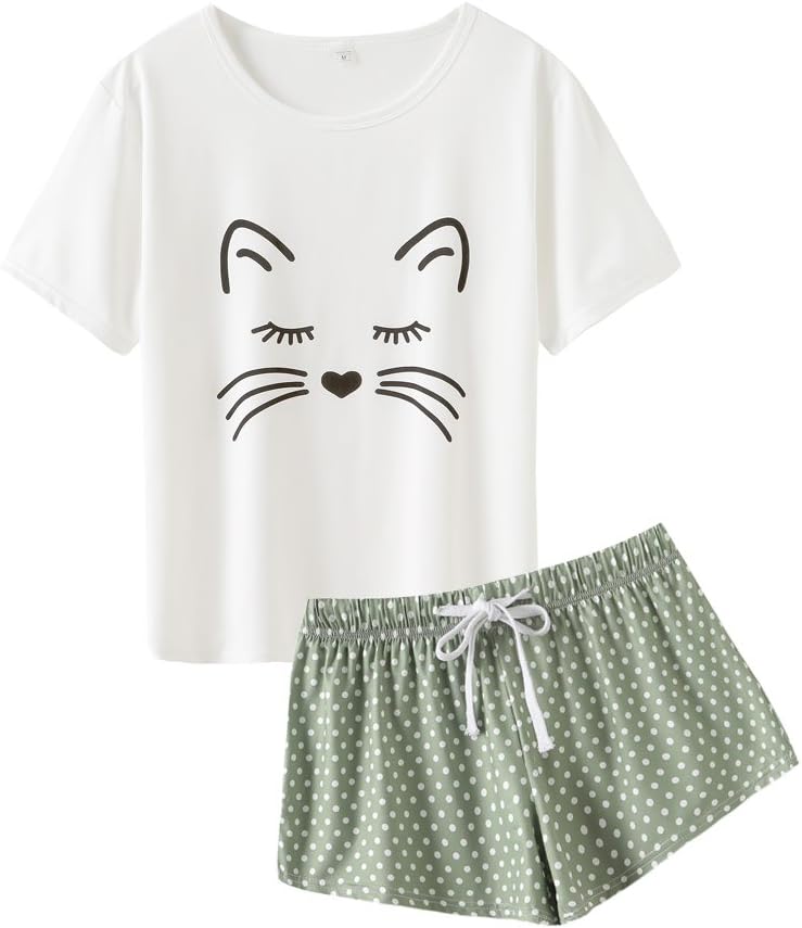 VENTELAN Pajama Set For Women Cute PJS Summer Short Sleeve Shorts Sleepwear Large Green