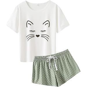 VENTELAN Pajama Set For Women Cute PJS Summer Short Sleeve Shorts Sleepwear XX-Large Green