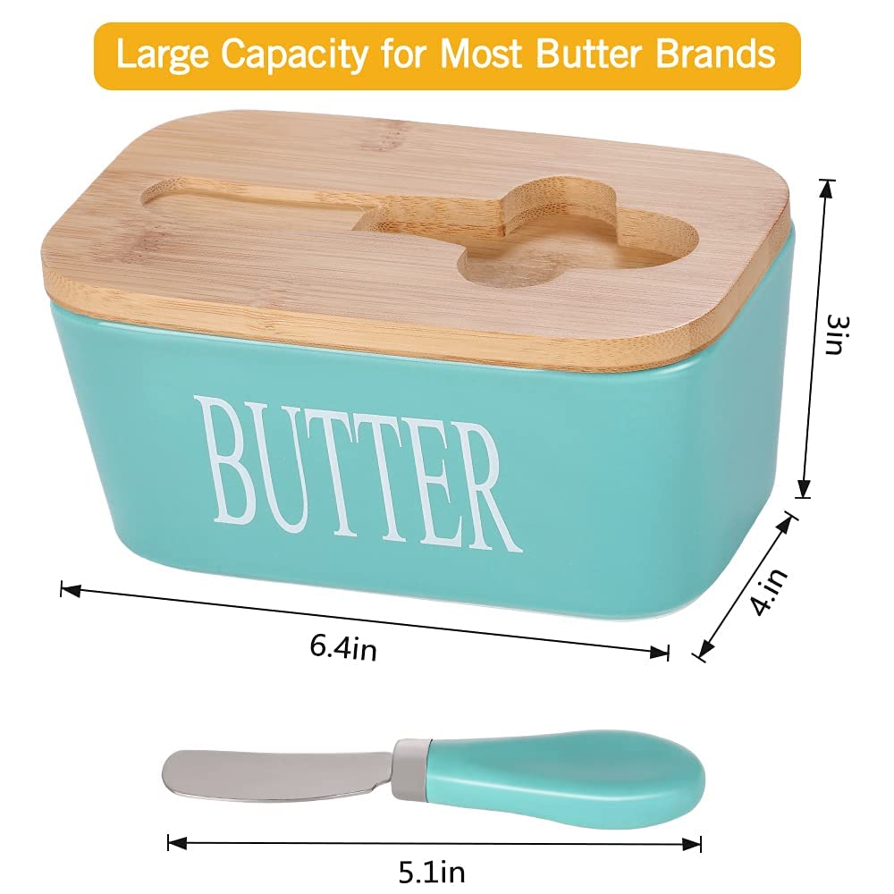HEDRIX Ceramic Butter Dish Nordic Style Butter Box Butter Keeper Container Food Storage Candy Box Baking Dish with Wood Lid Knife for Kitchen, Light Green, Standard 1