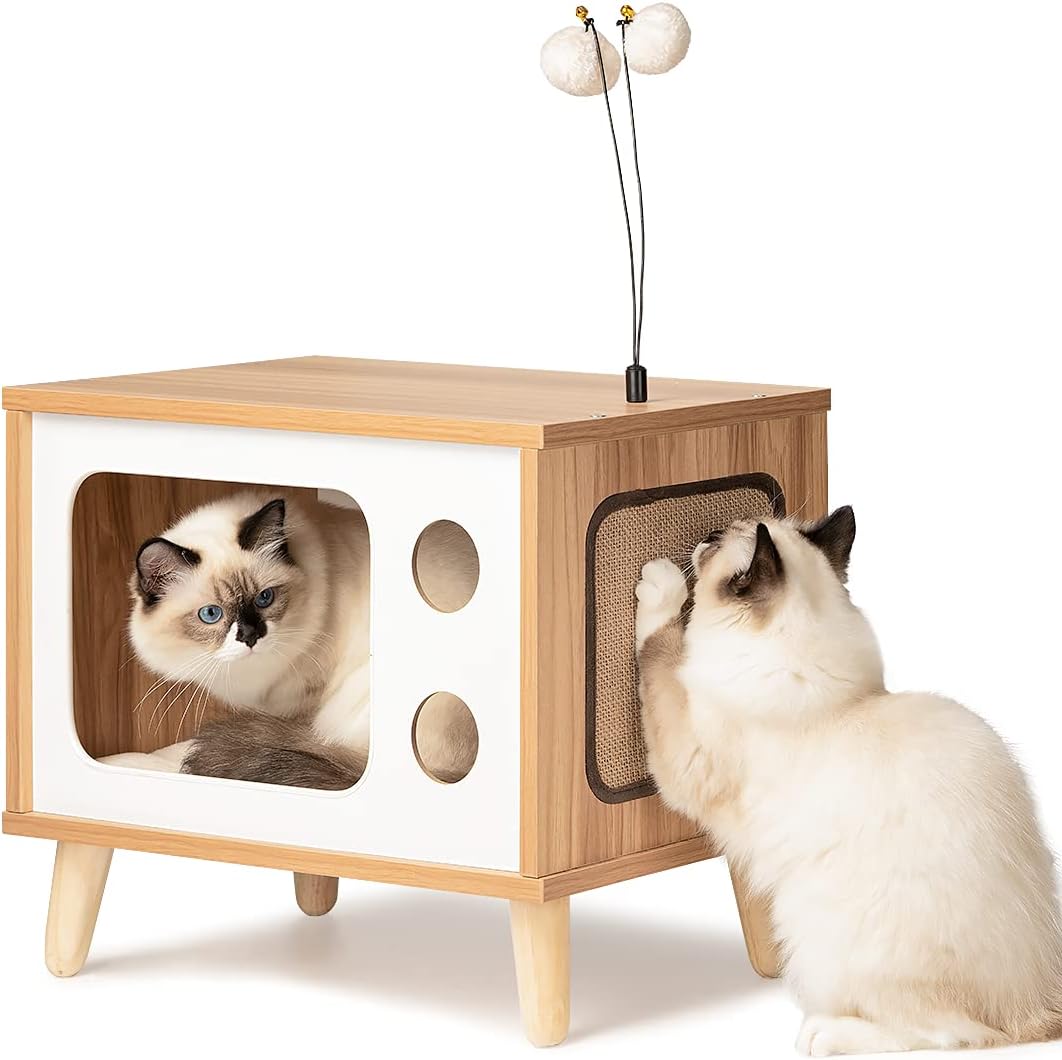 Rolife Cat House Wooden Cat Condo Cat Bed Indoor TV-Shaped Sturdy Large Luxury Cat Shelter Furniture with Cushion Cat Scratcher Bell Ball Toys : Pet Supplies