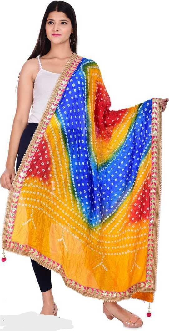 PK HUB Women's Jaipuri Rajasthani Silk Bandhani Bandhej Multi-Colored Heavy Dupatta With Gota Work And Latkan