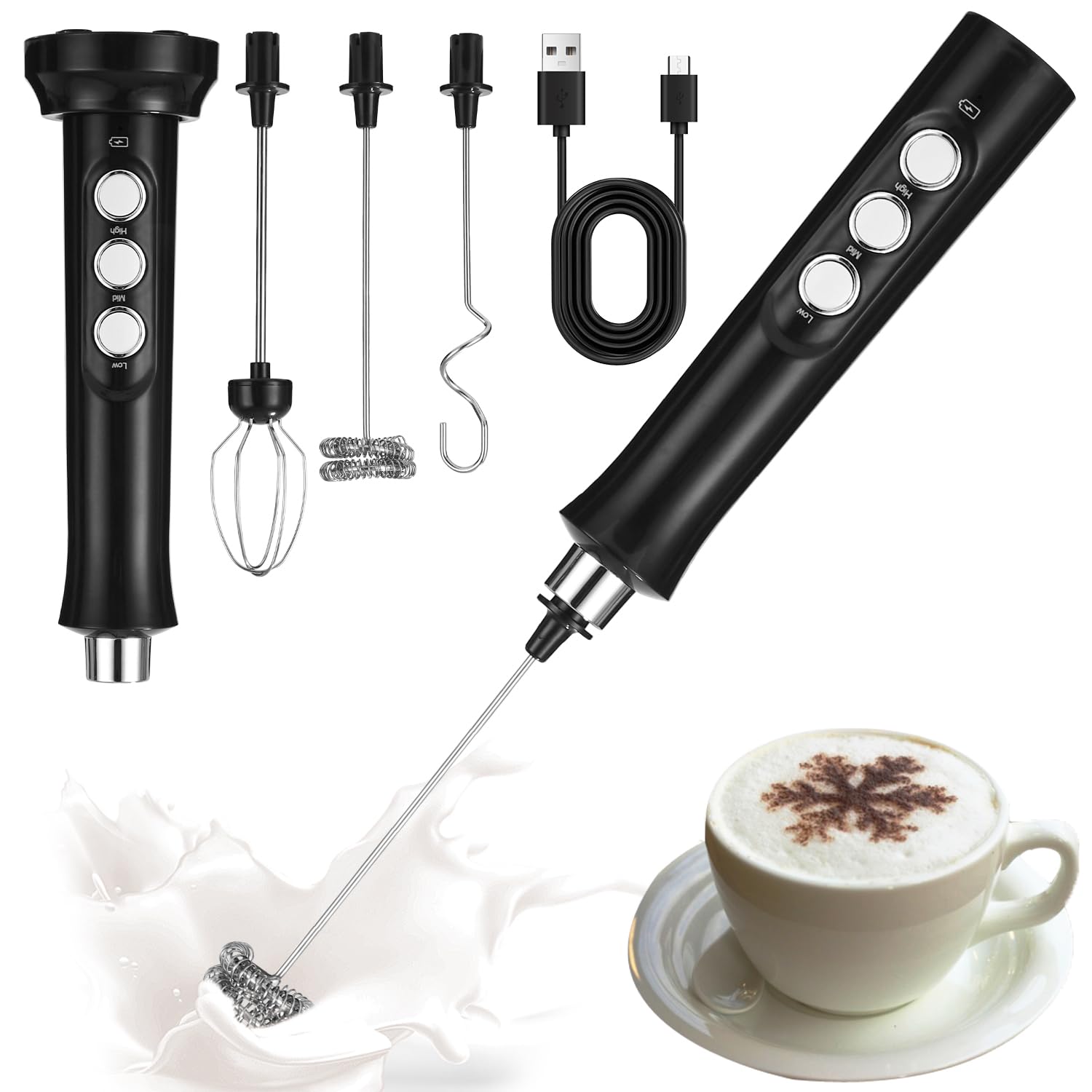 Montalatte Elettrico USB, frullino montalatte con 3 frullino in acciaio inox,3 velocità regolabili,Potente Schiumalatte Elettrico per Caffè, Latte, Cappuccino, Matcha
