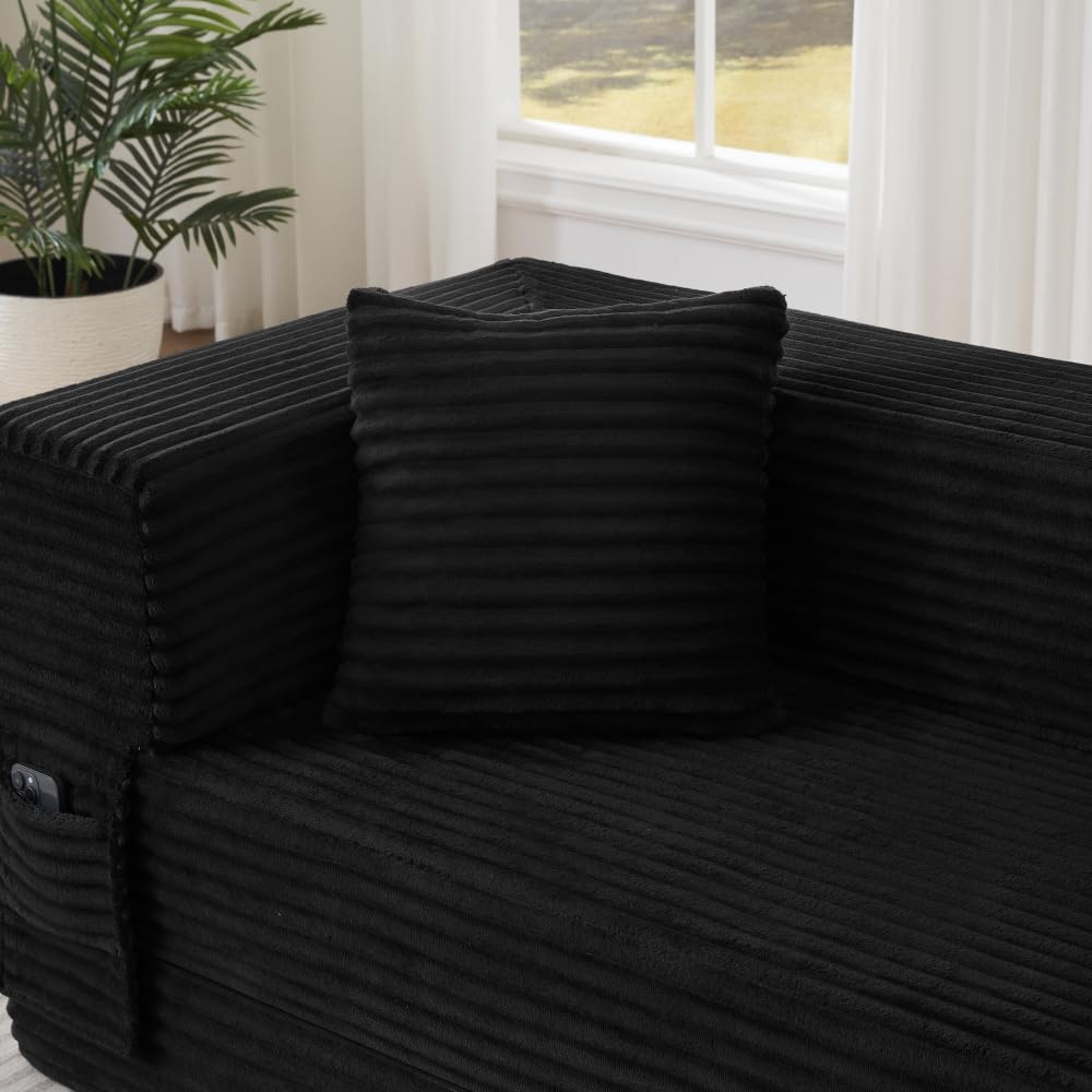 Sofá Cama Plegable de Pana, Sofá Convertible Moderno con Diseño Cuadrado Clásico y Estructura de Doble Capa, Mueble de Salón Multifuncional Convertible en Cama para Apartamento y Oficina (Negro)