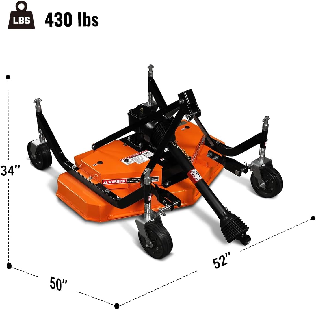 MechMaxx 3 Point PTO 48'' Working Width Finish Mower Attachment for 18-50hp Tractor, Category 1 Hitch, 4-Tires, 0.4'' - 4.5'' Adjustable Cutting Height, Model FM120