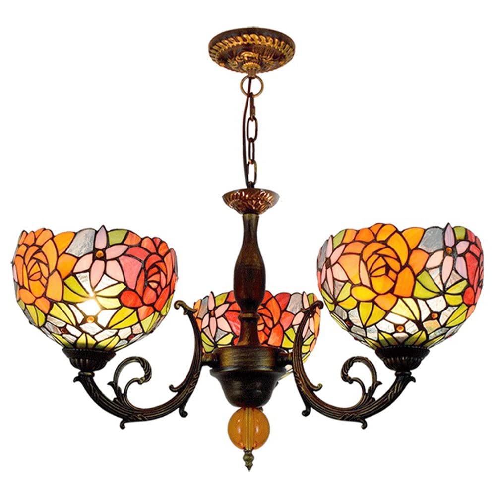 FYZDLAOR Stained Rose Pattern 3-Light Chandelier,Adjustable Pendant Light Light Fixtures,Tiffanystyle Stained Glass Hanging Light Wide 22 Inch Height 32 Inch