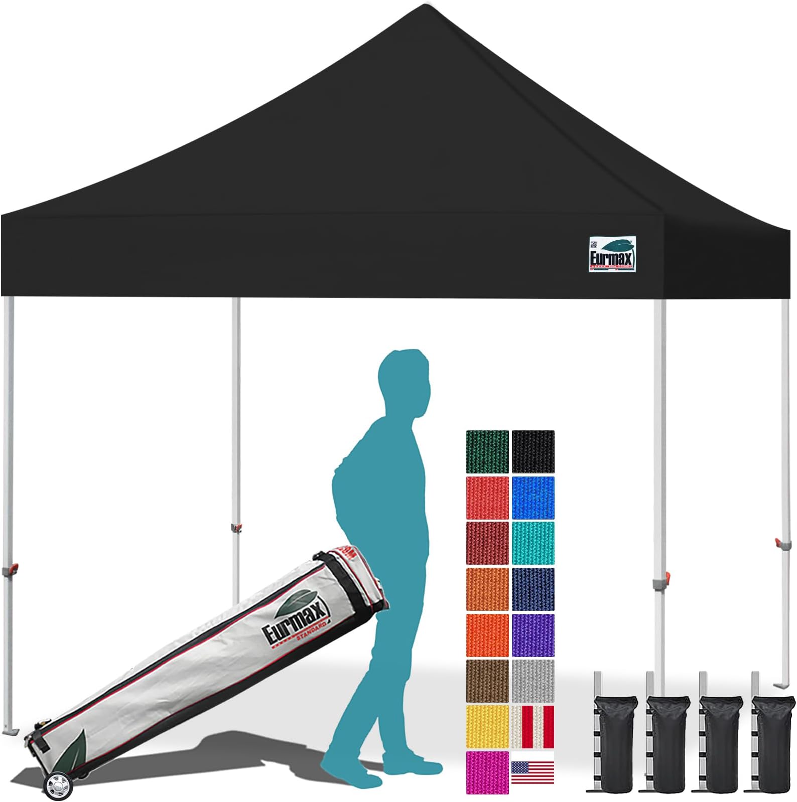 USA 10x10ft Pop Up Canopy,Commercial Instant Tent for Outdoor Events,Patented No-Tip Rolling Storage Bag with 4 Sandbags,UV & Water Resistant,Heavy Duty Portable Shelter Gazebo,Black