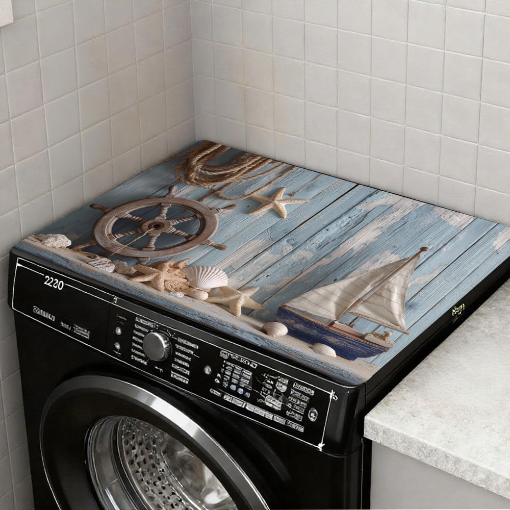 Rubber Stove Mat for Electric Stove 28 x 20 Inch Heat Resistant Stove Top Cover Non Slip Decorative Stove Covers Coastal Nautical Wheel Ship Kitchen Decor Countertop Protector