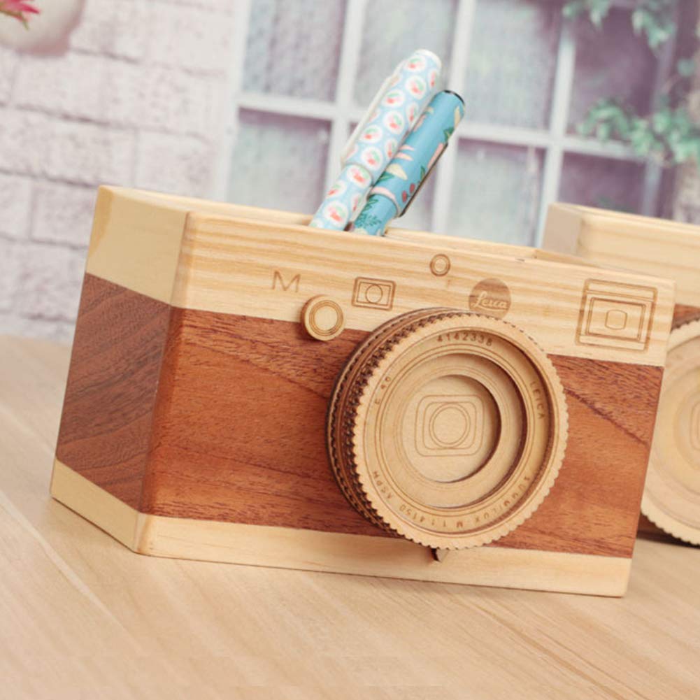 Stifteköcher Stifte Halter Kreative Kamera Holz Bleistifthalter Home Desktop Stationarys Makeup Organizer Square Stifthalter Schreibtisch-Organizer