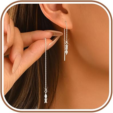 LOVECOM 925 Sterling Silver CZ Threader Drop Dangle Earrings for Women