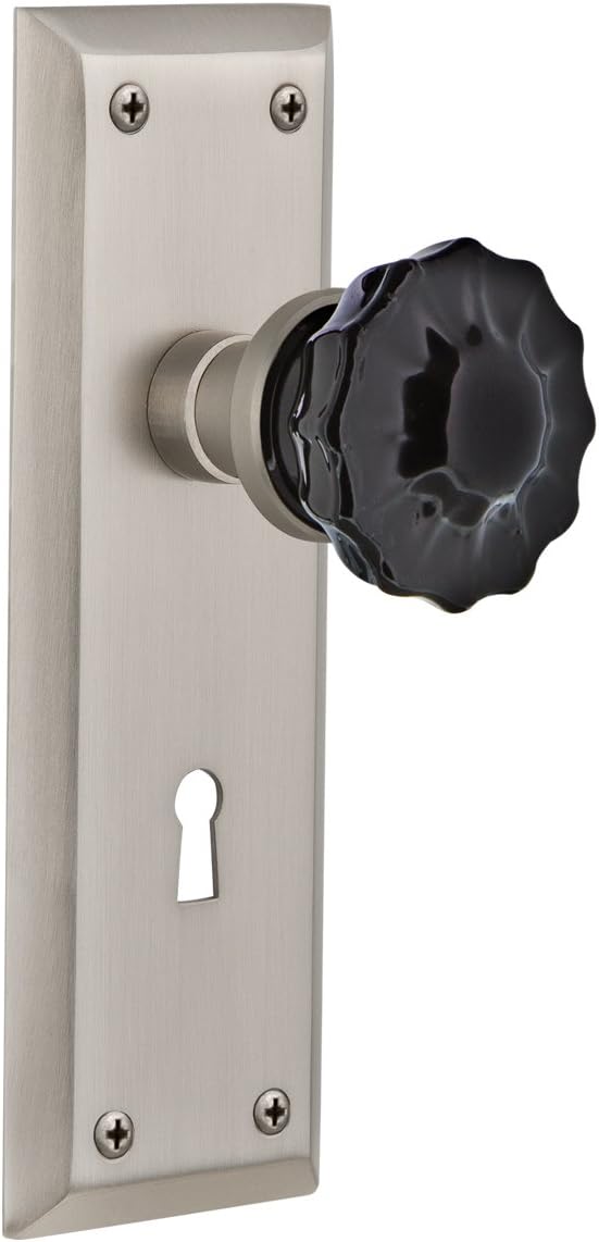 Nostalgic Warehouse 727419 New York Plate with Keyhole Privacy Crystal Black Glass Door Knob in Satin Nickel, 2.375
