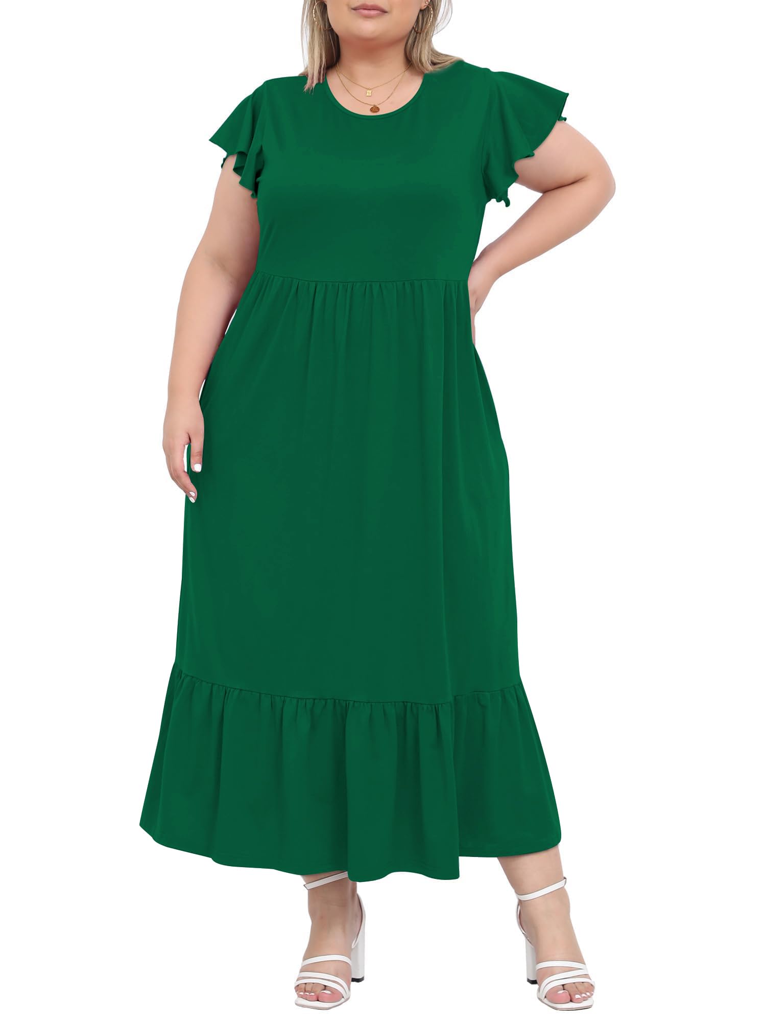 Moon Wood Damen Sommerkleid Lang Freizeit Maxikleid Curvy Blumenkleid mit Kurzarm und Taschen Große Größen