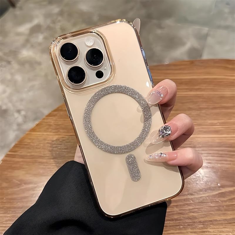Image of COVERLY Ultra Thin Slim Sleek Hard Transparent Shinny Glitter Magnetic Ring Mag-Safe Case for iPhone 14 Plus Shockproof PC Clear Bling Spakly Cover (Desert Titanium)