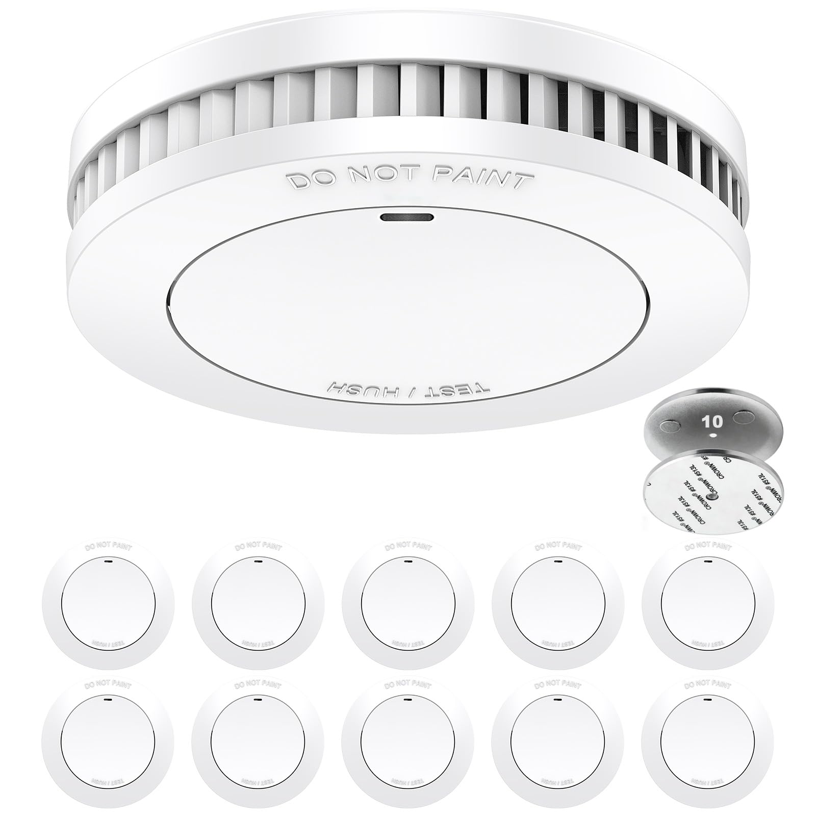 Détecteur de fumée avec Pile de 10 Ans, Support magnétique, sans perçage, certifié TÜV Rheinland, Alarme Incendie sans LED Clignotante, Fonction silencieuse, Petit détecteur de fumée, EN14604,10unità