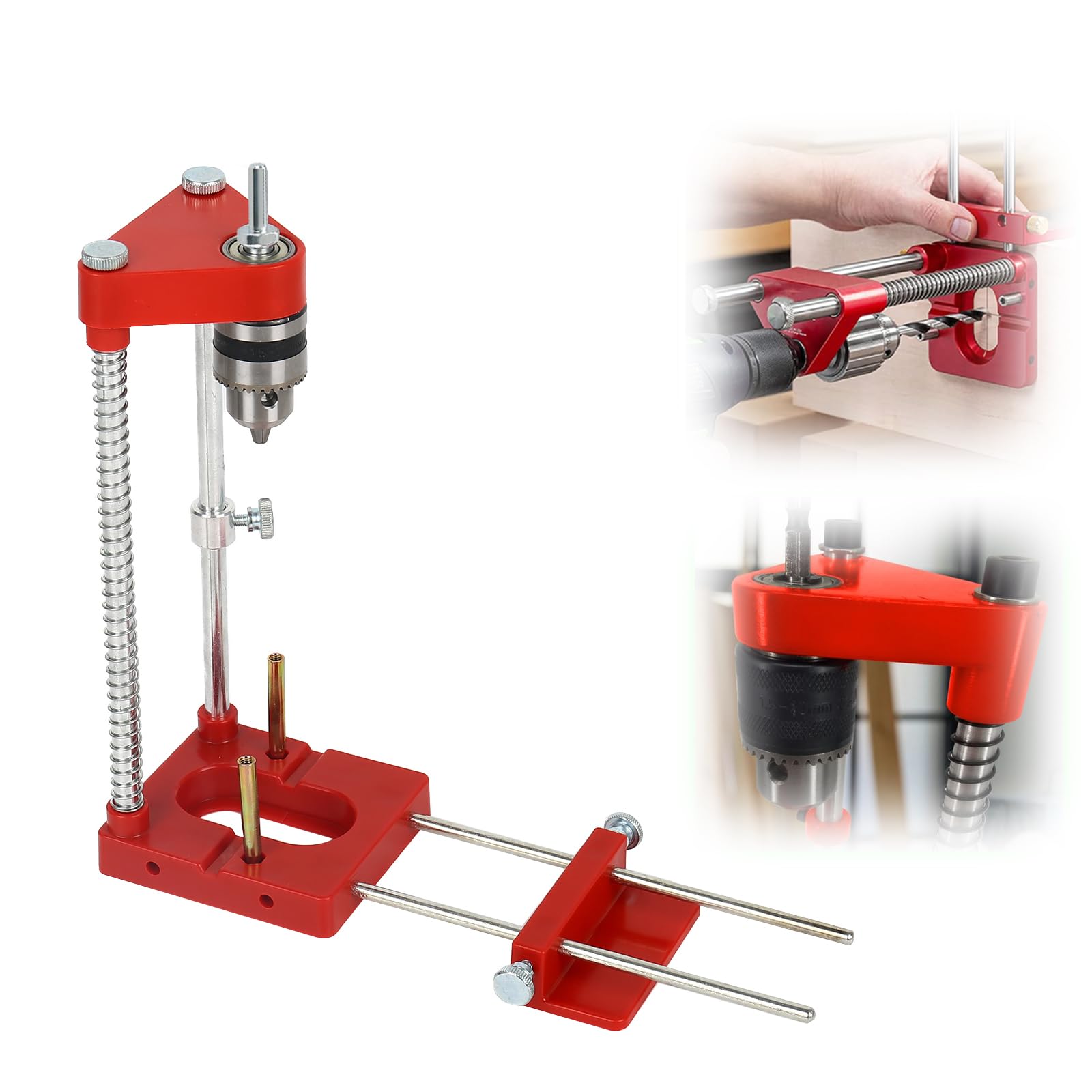 Support de perçage pour perceuse, gabarit de perçage réglable portable, outil de précision pour travail du bois, ensemble d’outils de guidage manuels verticaux (Rouge)