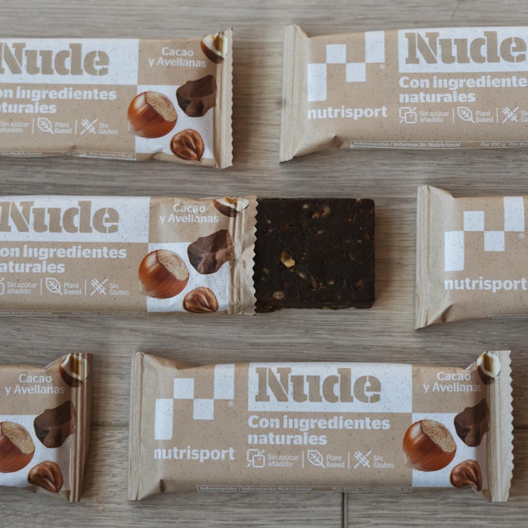 Nutrisport - Nude Bar Cacao y Avellanas | Barritas Energéticas Naturales | Sin Gluten, Sin Azúcares Añadidos, Plant-Based | Caja Expositora de 24 Uds