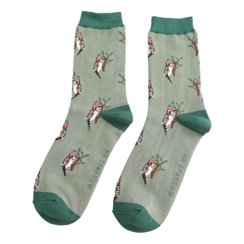 Mr Sparrow Woodpeckers on Green Mens Novelty Ankle Socks Adult One Size