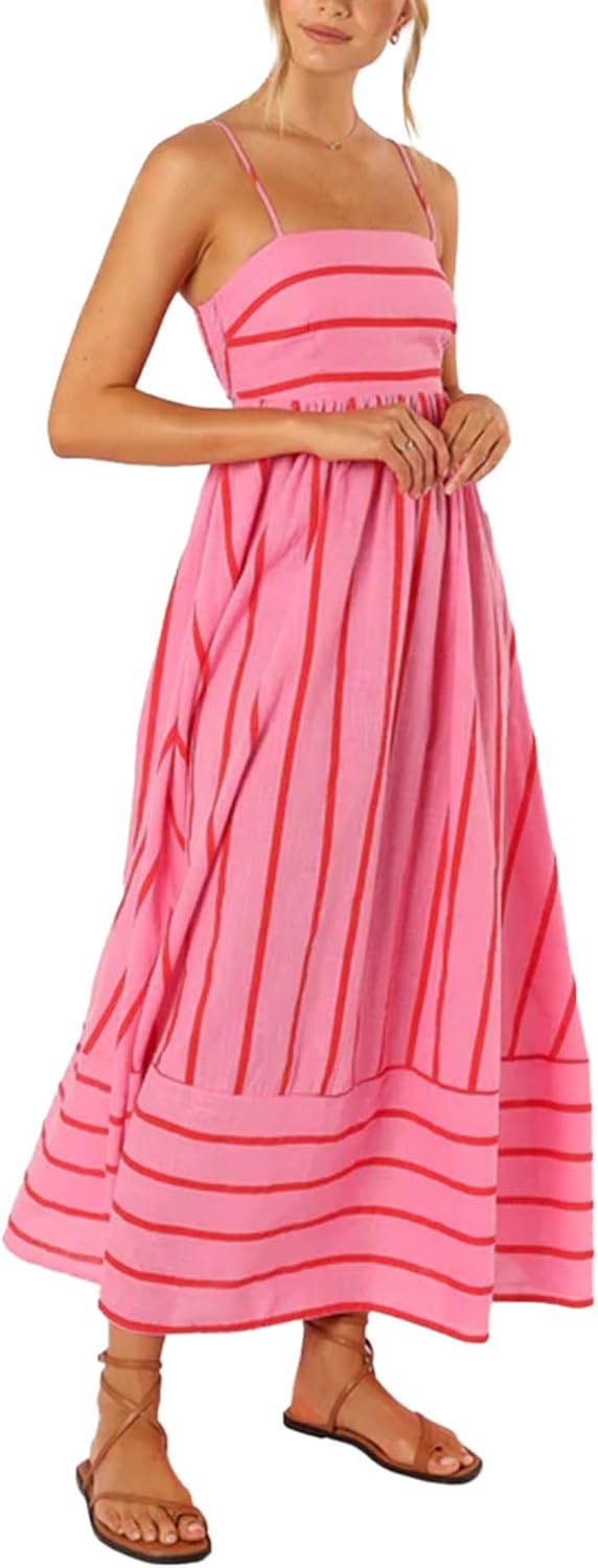 SOMTHRON Women's Striped Maxi Dress Spaghetti Strap Smocked Cut Out Flowy A-Line Boho Beach Long Dress - Image 2