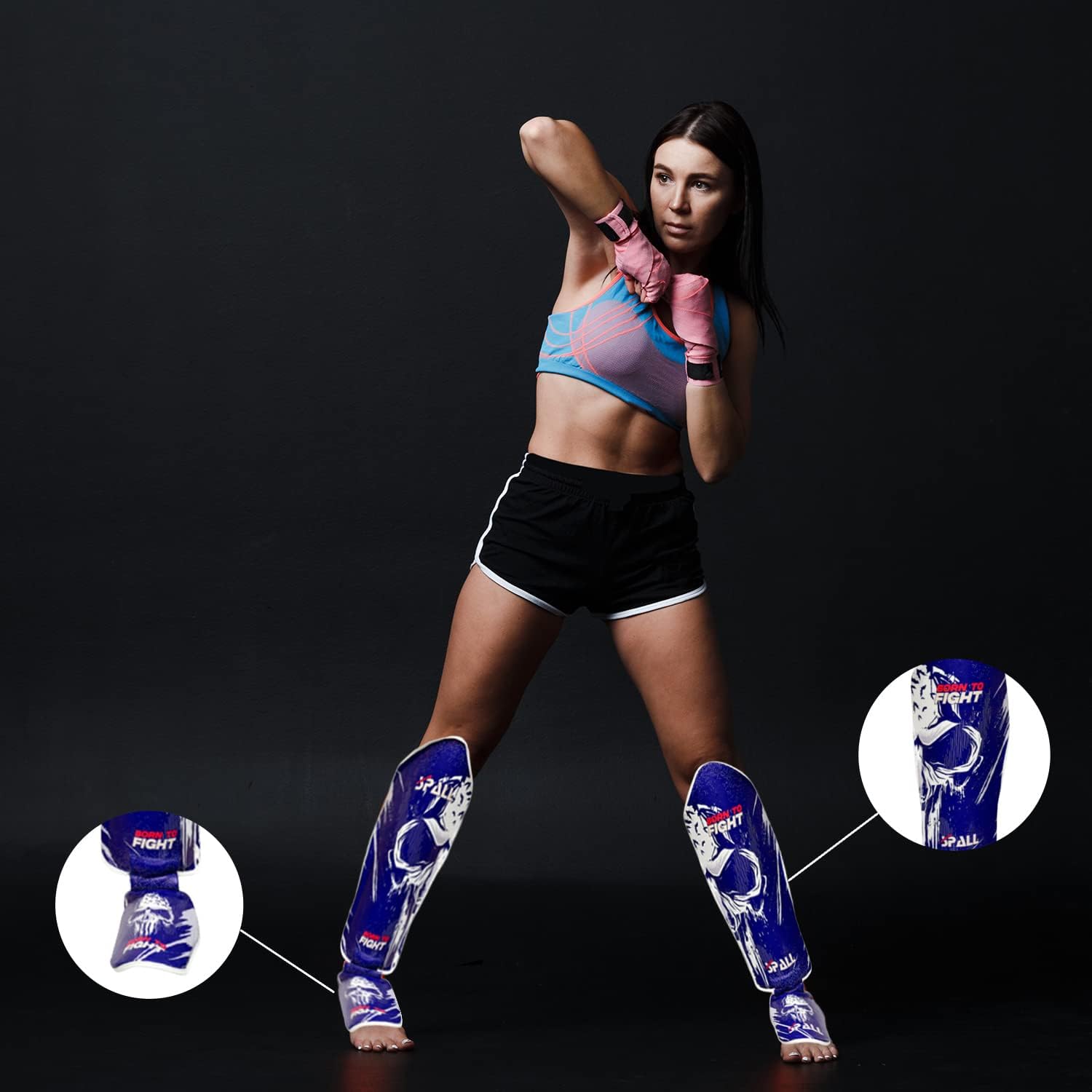Spall Pro US Muay Thai Guards Shin Guards for Kickboxing Martial Arts BJJ Boxing Sparring with MMA Foot Protector - Born to Fight Blue (Large/X-Large)