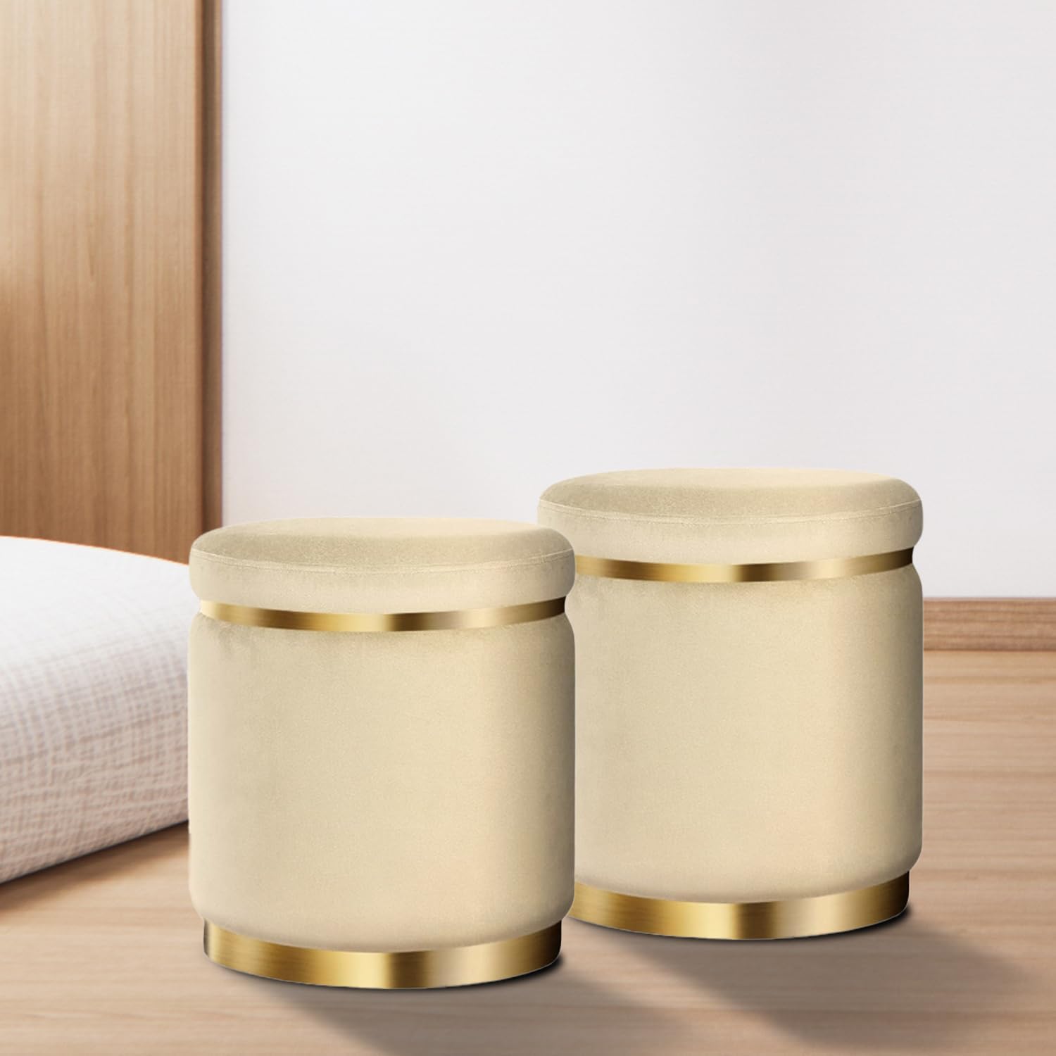 Velvet Ottoman Pouffe Set for Sitting in Living Room and Bedroom, Wooden Mini Ottoman Footrest Stool for Makeup Chair, Office & Home Decor Set of 2 Cream-image-37