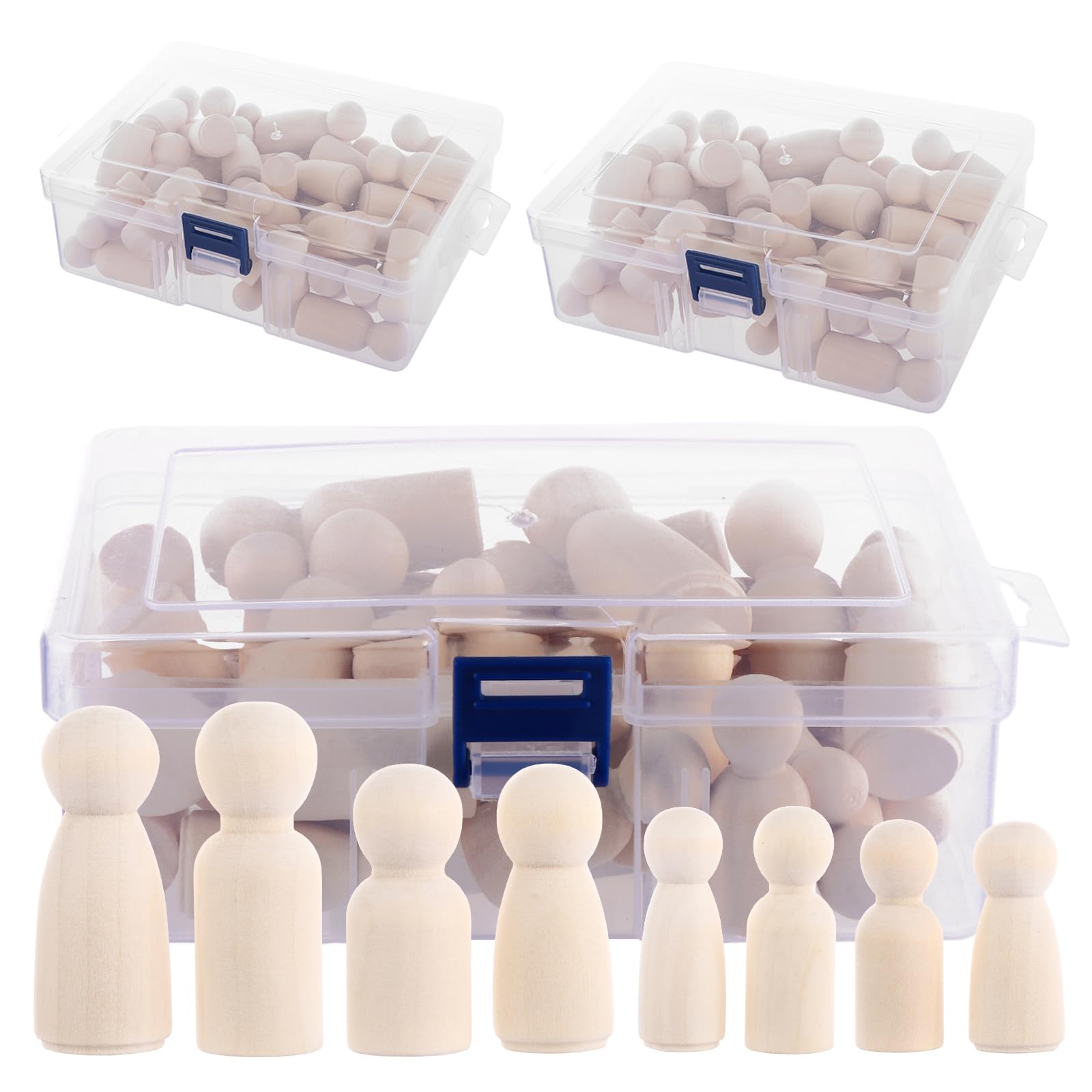 LOLYSIC 150Pcs Wooden Peg Dolls, 4 Sizes Wooden People Shaped Dolls with Storage Box, Unfinished Wood People Figures for DIY Painting Craft Art Decoration Projects, 33/43/53/65mm