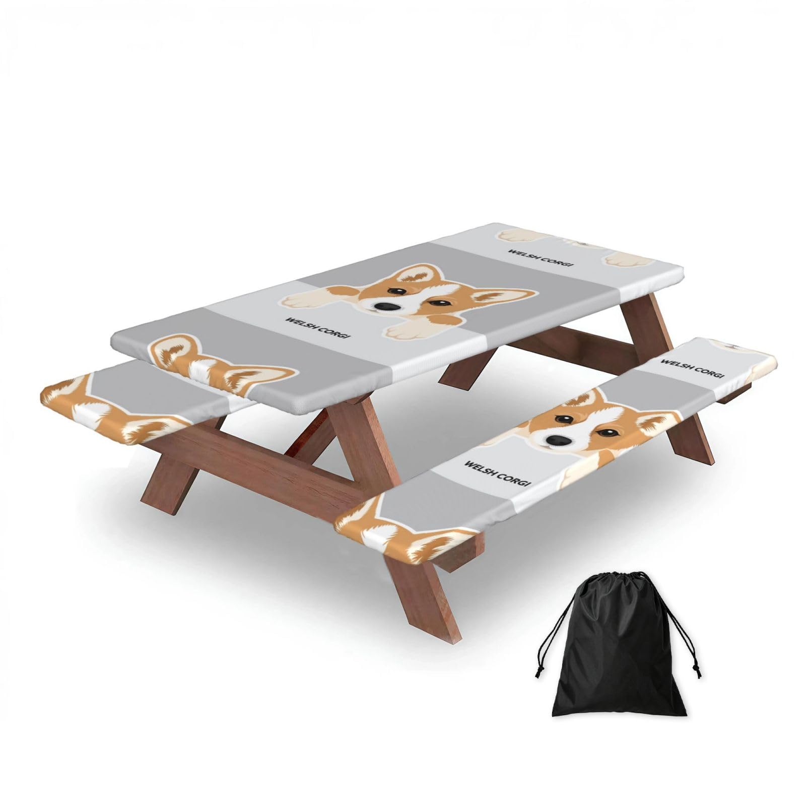 Dopklna As Picture Welsh Corgi Dog Print, Picnic Table Cover With Bench Covers -Waterproof Elastic Fitted Tablecloth For Garden Camping Patio 76X152cm