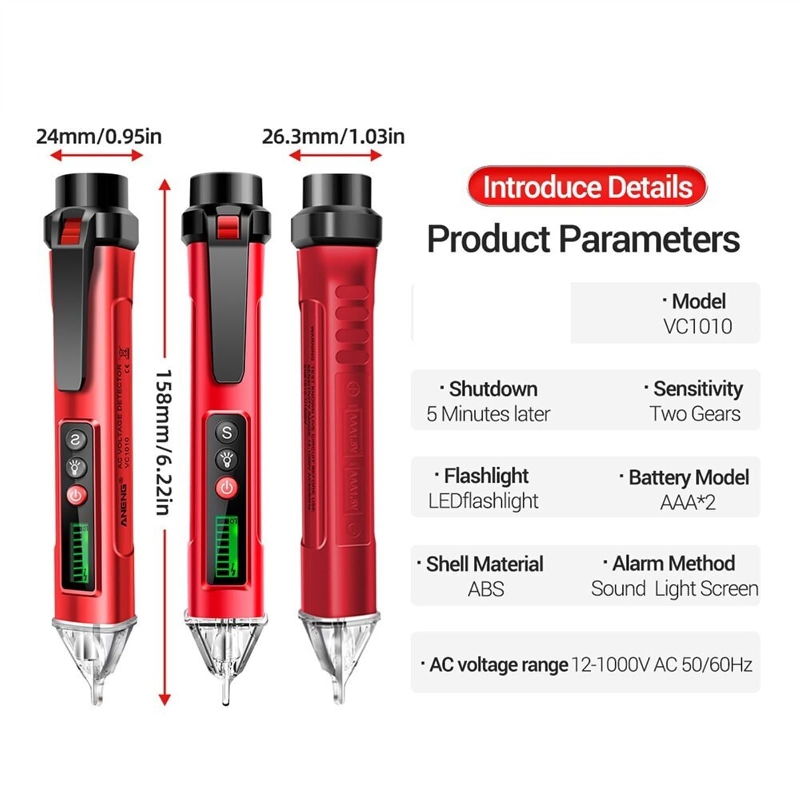 VC1010 Rilevatori di tensione digitale AC/DC senza contatto, tester penna tester 12-1000 V sensore elettrico matita di prova (rosso)