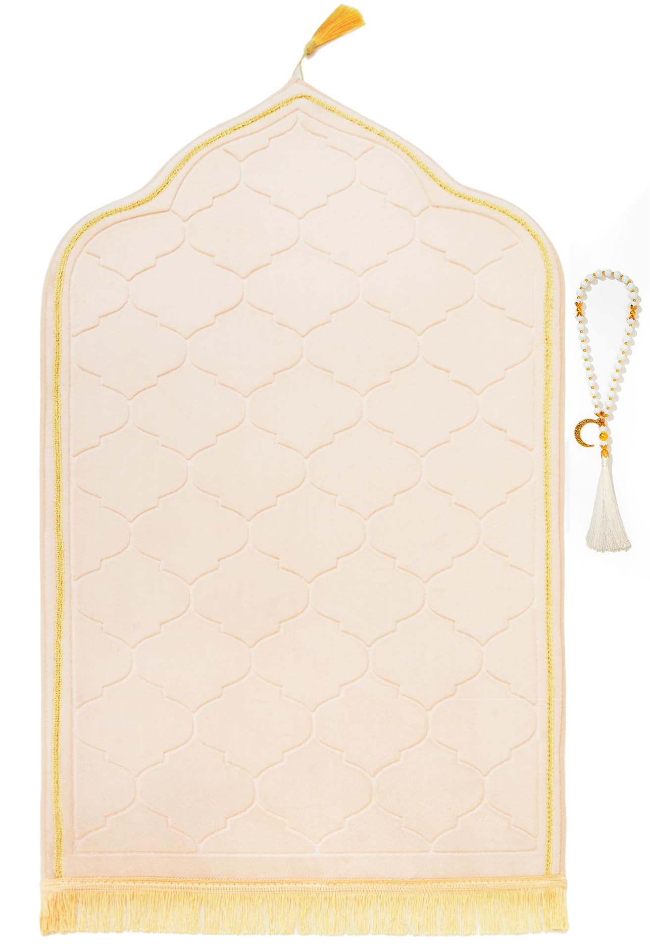 Muslim Prayer Rug with Tasbih Prayer Beads, Soft Memory Foam Prayer Matt Islam, Padded Islamic Prayer Mat Thick for Men and Women, Janamaz, Sajadah (25.6" x 43.3", Beige)