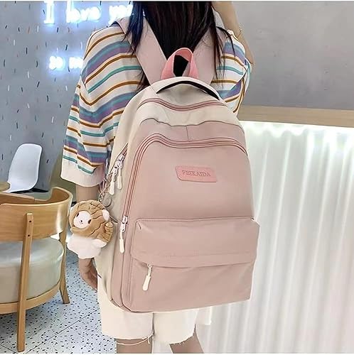 Miniatura 3 de Mochila estética linda Kawaii con colgante de 15.6 pulgadas, linda mochila universitaria para computadora portátil, mochila preparada, Rosado