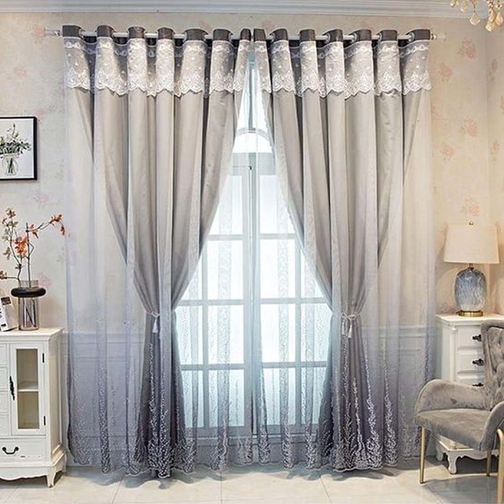 Amidoudou Gradient Coral Tree Embroidered Curtains, 1 Pair Double Layer Blackout Curtains 54x90 Inch, Living Room & Bedroom Window Treatments (Grey)