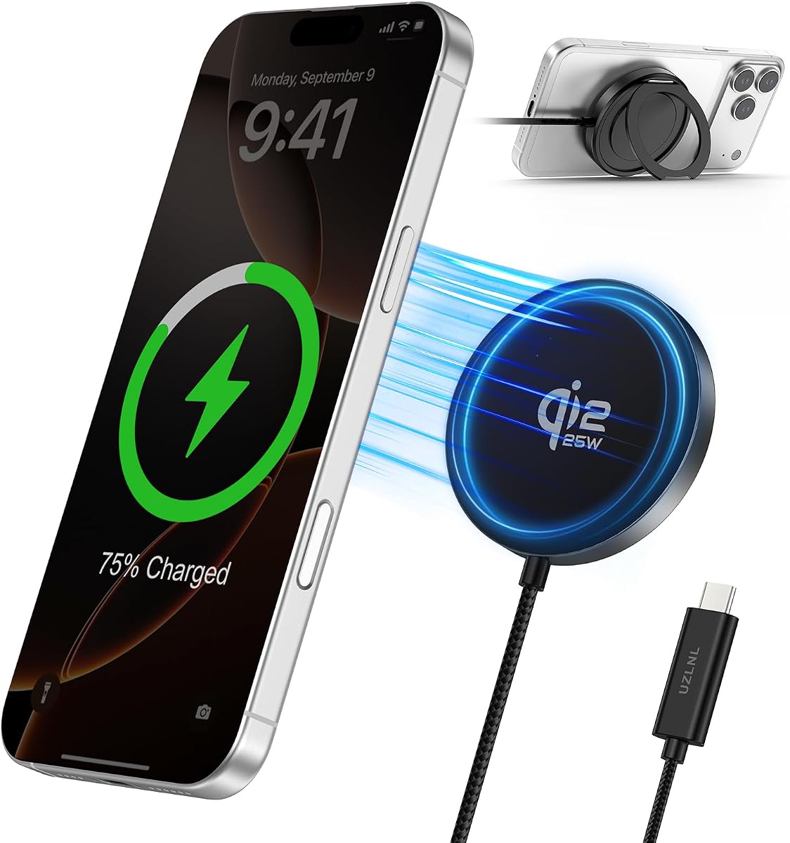 Cargador inalámbrico magnético de 25 W, almohadillas de carga inalámbrica rápida Qi2.2 con soporte, cargador MagSafe para iPhone 17/16/15/14/13/12 Series y AirPods 4/3/2/Pro, Samsung S26 S25 Series, Google Pixel 10