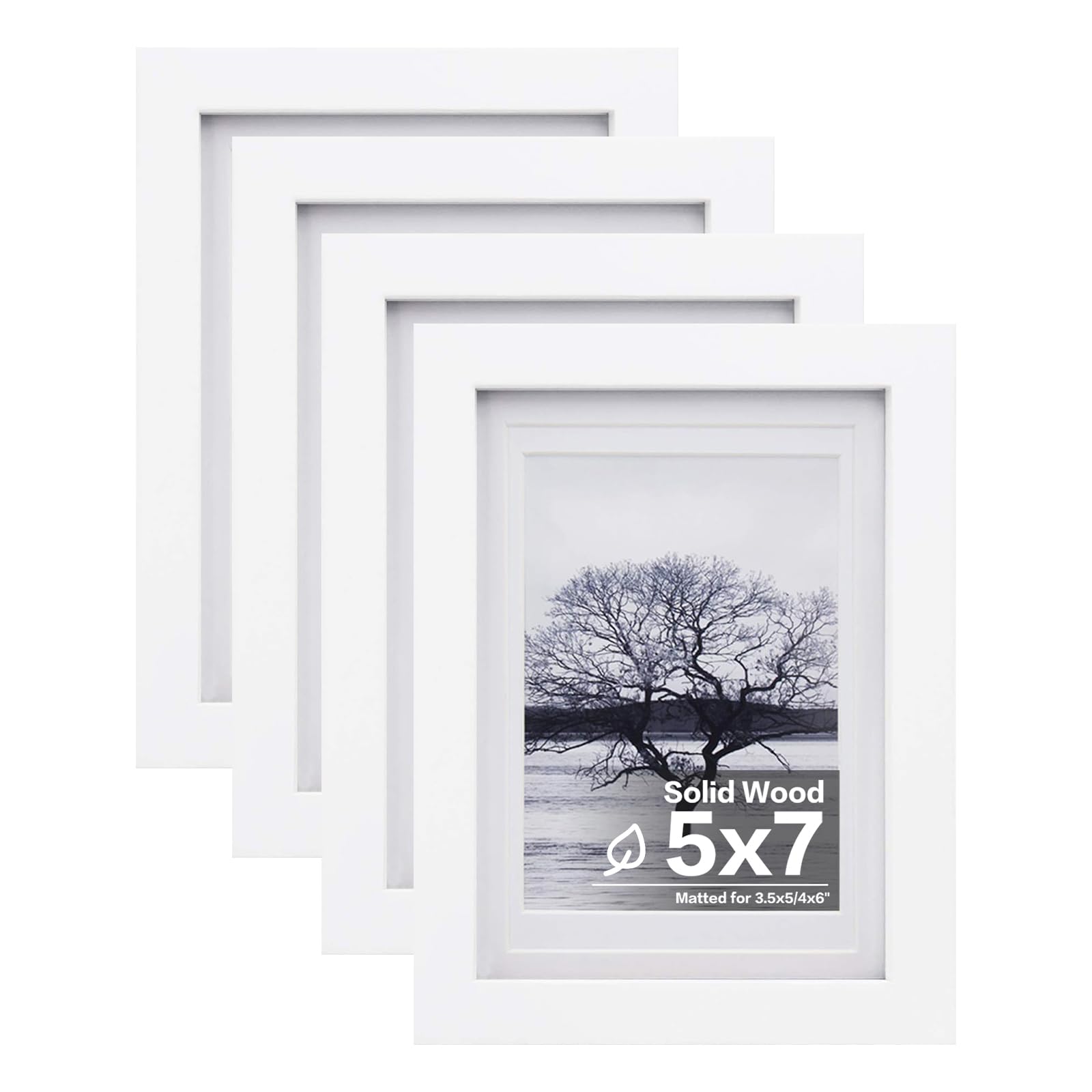 Egofine 5x7 Picture Frames Set of 4, Made of Solid Wood Covered by Plexiglass 3.5x5 and 4x6 with Mat or 5x7 without Mat, for Table Top Display and Wall Mounting Photo Frame White