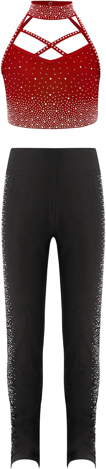YiZYiF Kids Girls Tank Top And Leggings Figure Skating Outfit Hip-hop Dance Ballet Gymnastics Sport Set Burgundy Black 16 Years