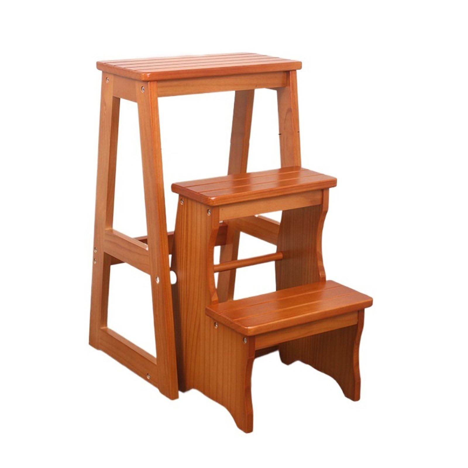 Taburete de escalera de madera maciza nogal plegable de 3 peldaños