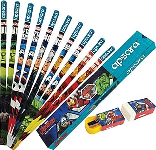 Apsara Marvel Avengers Novelty Pencils Writing Pack Write Erase Sharp (10 Pencils + Eraser + Sharpener + 1 x PATEL Black Ball Pen)