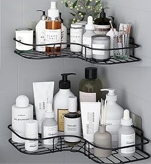Metal (Pack of 2 Self-Adhesive Shelf/Storage Organizer for Bathroom and Kitchen Corner Wall Mounted Rack Shelf Bathroom Accessories Storage Rack (No Drilling-Shelf Adhesive) (8 and 9 INCH,Black)