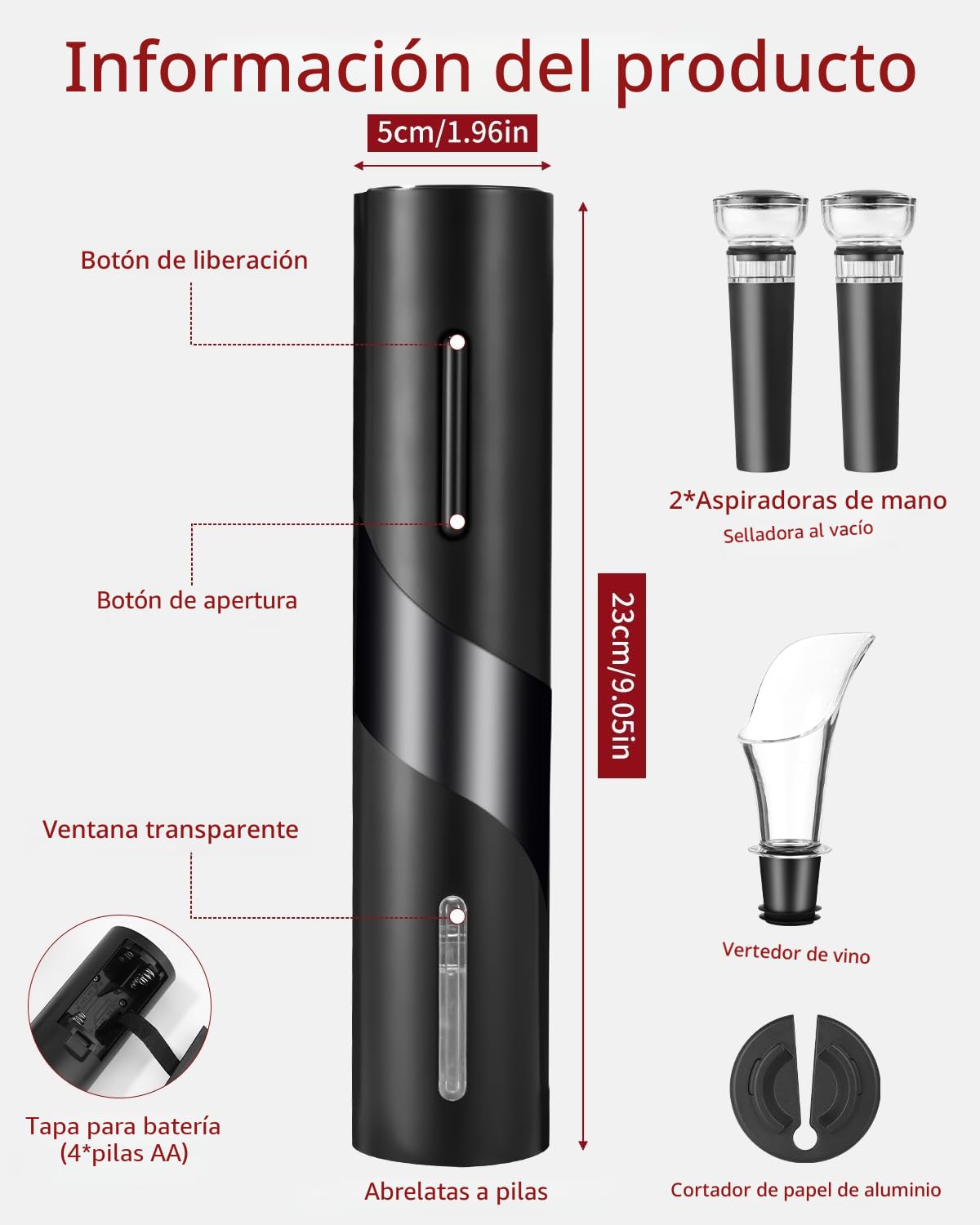 Sacacorchos eléctrico, abridor de vino electrico, set abrebotellas de vino que contiene cortador de papel de aluminio, vertedor de vino y tapón de vino al vacío, funciona con pilas