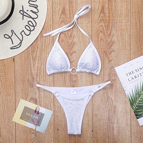 Olaimisord Women's Two Piece Rhinestone Sparkly Swimsuit Halter Swimwear String Triangle Bikini Sets White S #TOP2