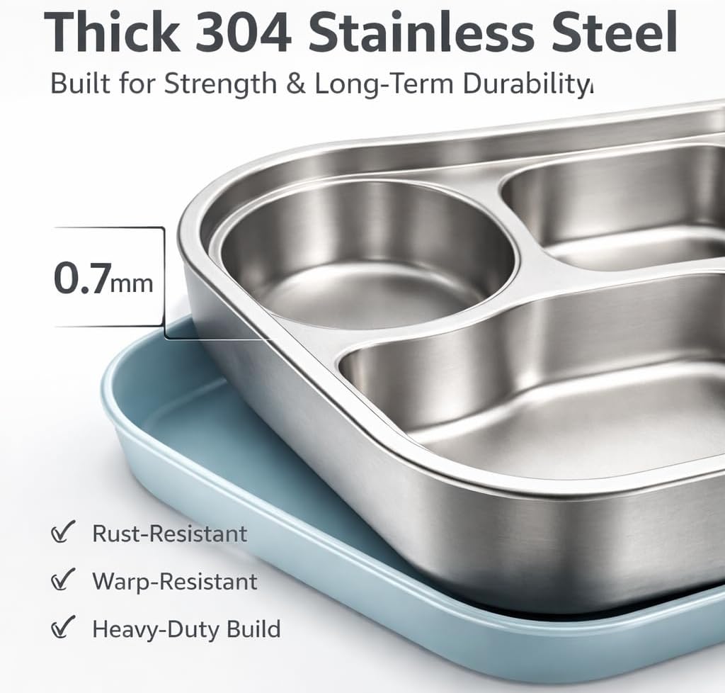 WALKA Stainless Steel Lunch Box for Adults – Leakproof 4 Compartment Metal Bento Box with Insulated Lunch Bag, 304 Food Grade Steel, BPA-Free, Dishwasher Safe (Blue)