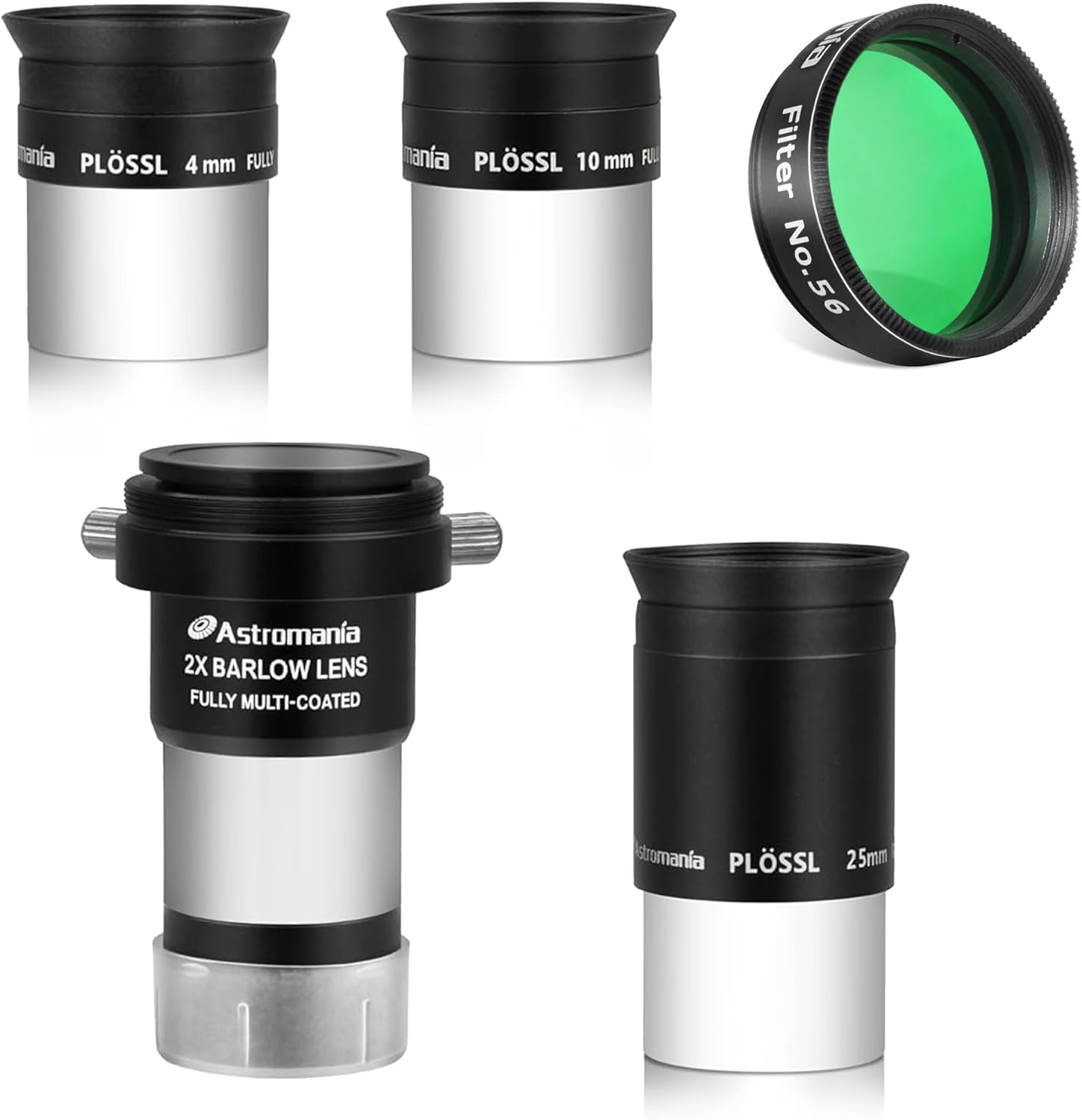 Astromania 1.25" Color/Planetary Filter - #56 Green - Bundle with - 1.25" Plossl Eyepiece Set (4 10 25mm) with 2X Barlow
