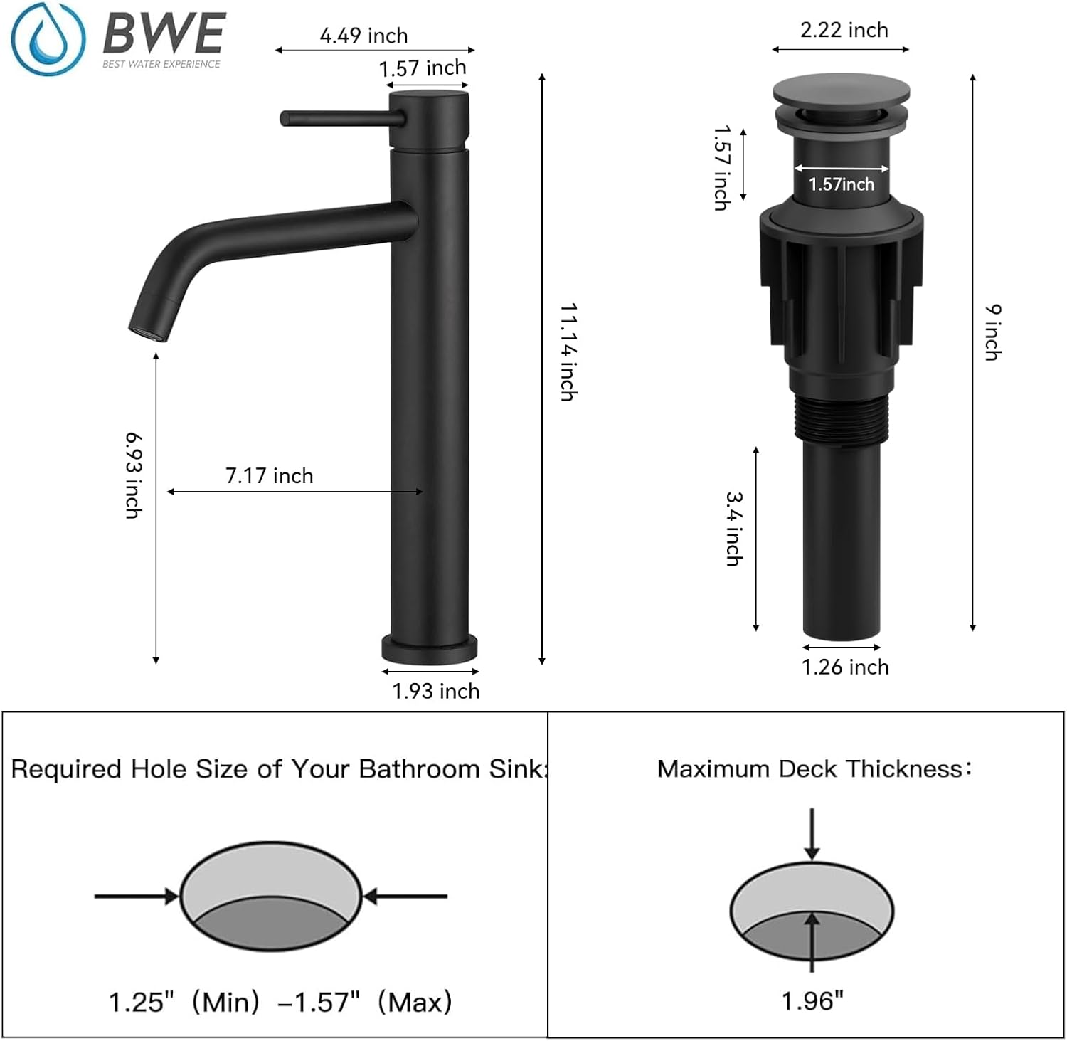 BWE Matte Black Vessel Sink Faucet Single Handle with Pop Up Drain Assembly and Supply Lines Stainless Steel Single Hole Bathroom Sink Faucet Commercial Basin Lavatory Vanity Sink Faucet Mixer Tap