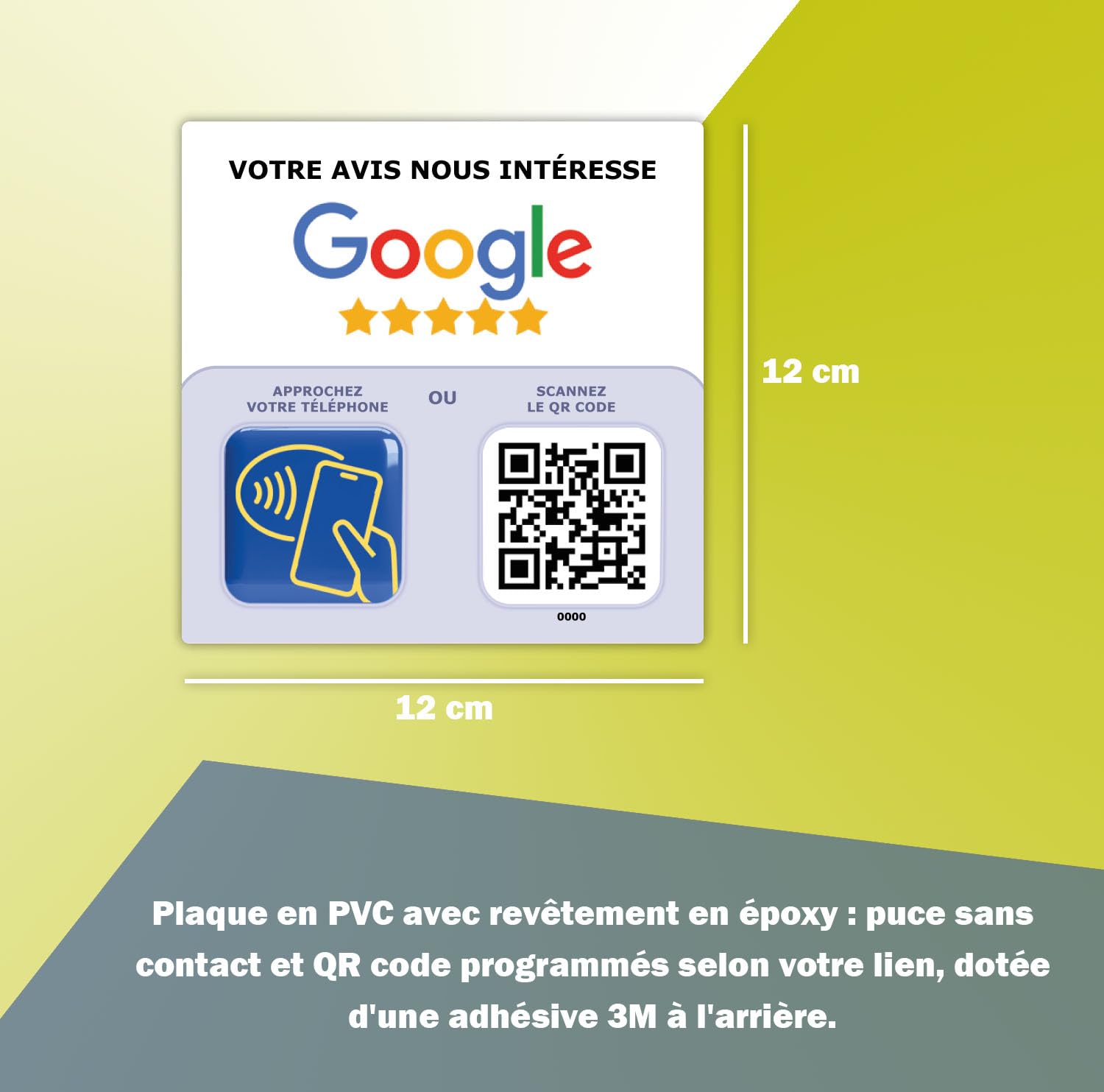 Plaque NFC et QR Code Avis Google - 12x12cm - Optimisez votre visibilité sur Google - Pour commerces et restaurants