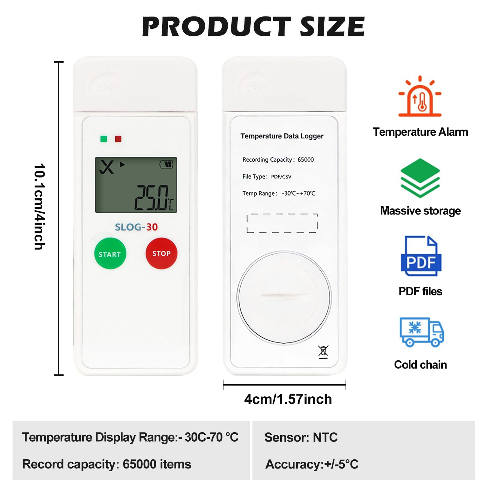 Registratore dati di temperatura, registratore dati USB per temperatura e umidità, registratore di temperatura riutilizzabile, 65000 punti, registratore di temperatura ad alta precisione con LCD PDF