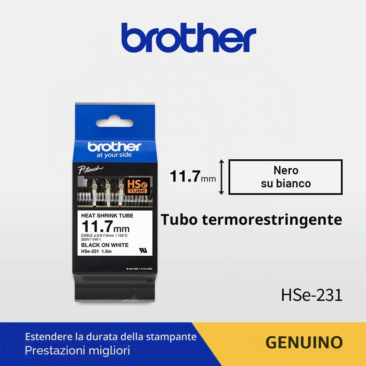 Brother HSe-231 Cassetta Tubo Termorestringente, Nero su Bianco, 11.7 mm di Larghezza