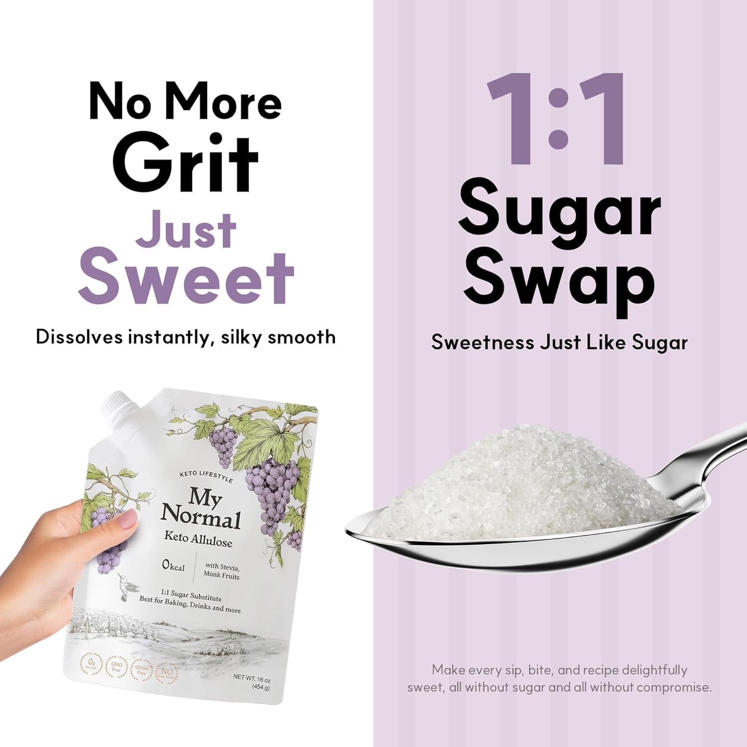 My Normal Keto Powdered Allulose 16oz - 99.8% Allulose, Monk Fruit & Stevia Blend - 1:1 Sugar Substitute, Non GMO, Gluten Free, Zero Calorie Sweetener - 0g Net Carb, No Sugar (Pack of 2)