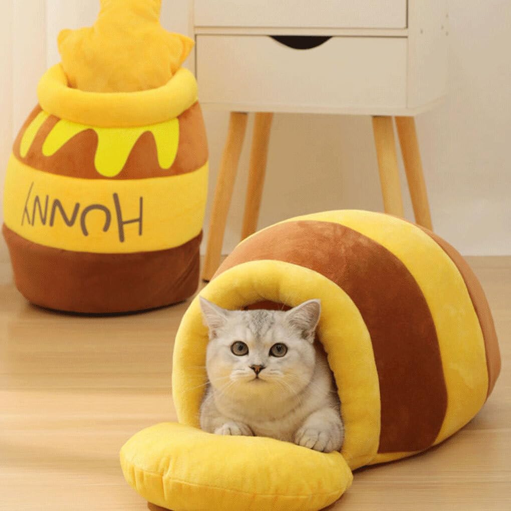 Pot de Miel Chat lit Hiver Respirant Pot Forme nid Mignon en Peluche Dessin animé PP Coton Maison de Remplissage pour Petits Chats Chiens