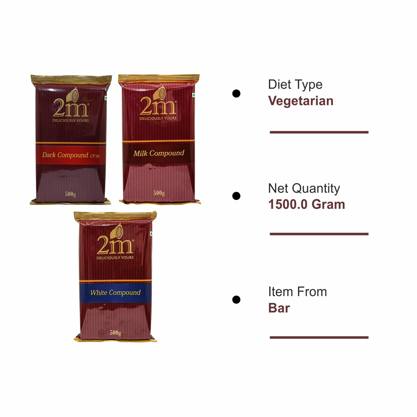 Konfiz 2M Dark (Cp-16), White & Milk Chocolate Compound Slabs-Perfect For Baking, Cake Decorating, Topping, Molding & Dipping (3 Combo Pack, 500 Gm Each) - Image 3 thumbnail