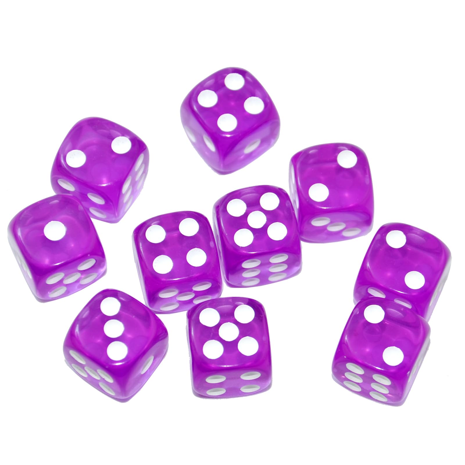 SmartDealsPro 10-Pack D6 Six Sided 16mm Transparent Dice Die for DND, MTG, RPG, Tenzi, Yahtze, Bunco, Table Borad Games, Math Teaching (Purple Translucent)